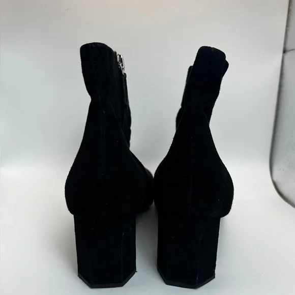 Prada Black Suede Block Heeled Booties with mirror detail on heel 37.5